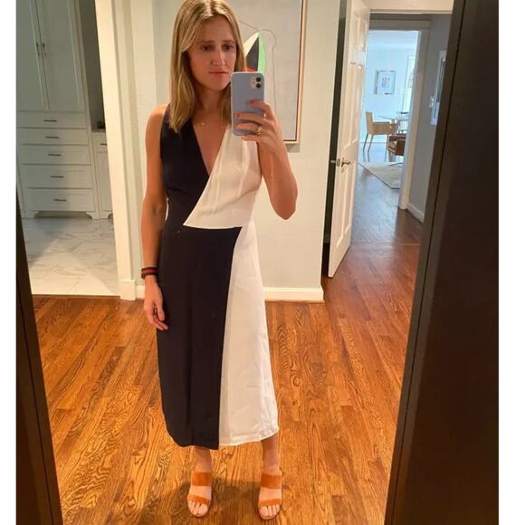 Equipment Galane Midi Dress Black White Colorblock Sleeveless V-Neck Sz 2 - Picture 6 of 13